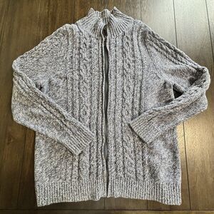 LL Bean Womens 1X Cable Knit Cotton Sweater Jacket Full Zip Blue L/S Cottage